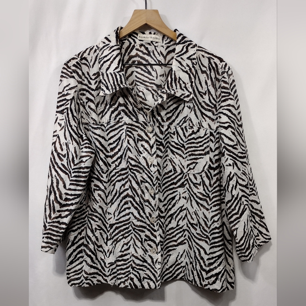 Bamboo Traders Animal Print Button Shirt Women's XL White Brown Boho Retro Y2K